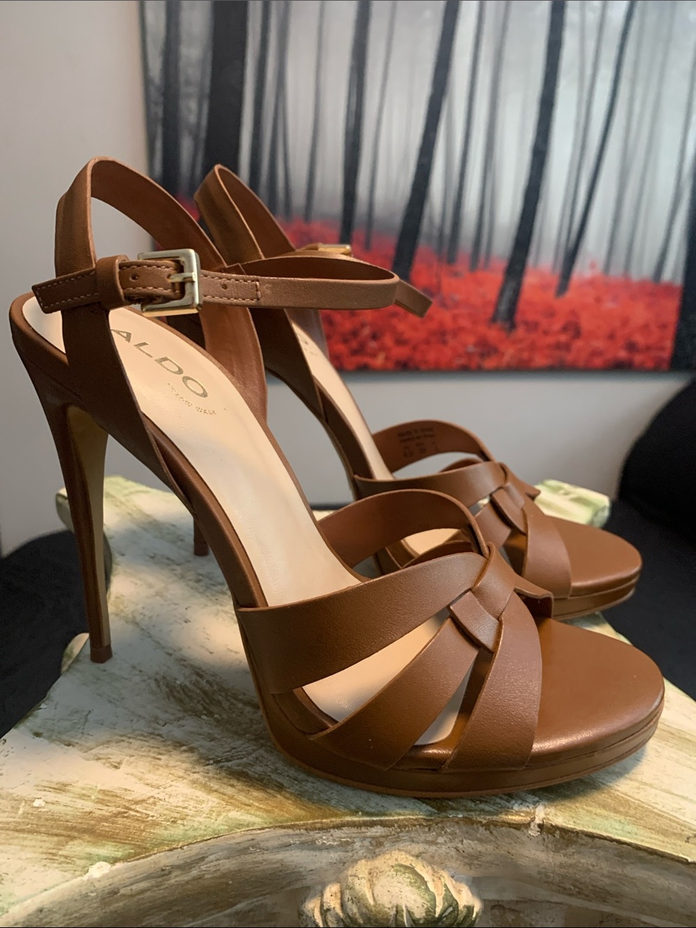 Aldo Brown Strappy Leather High Heel Sandals